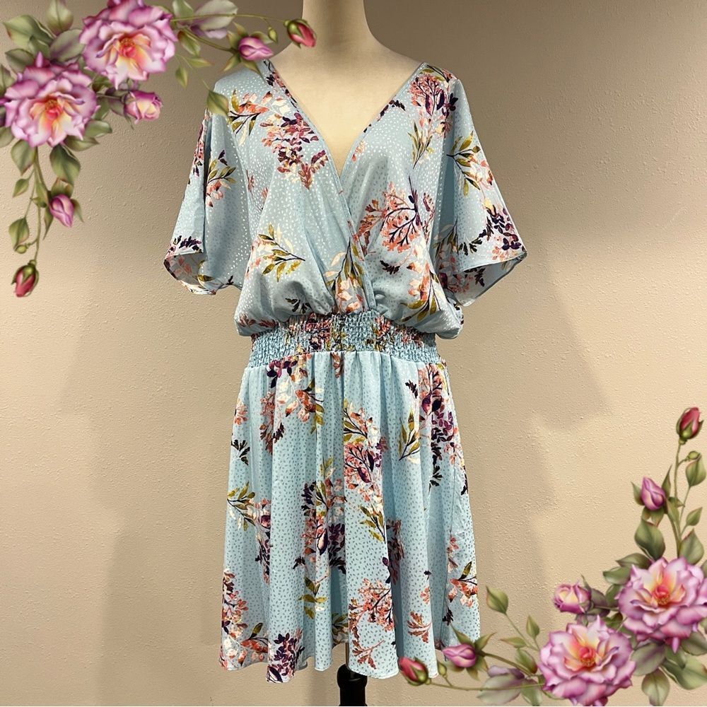Chicsoul plus size Floral short sleeve Blue‎ mini Dress